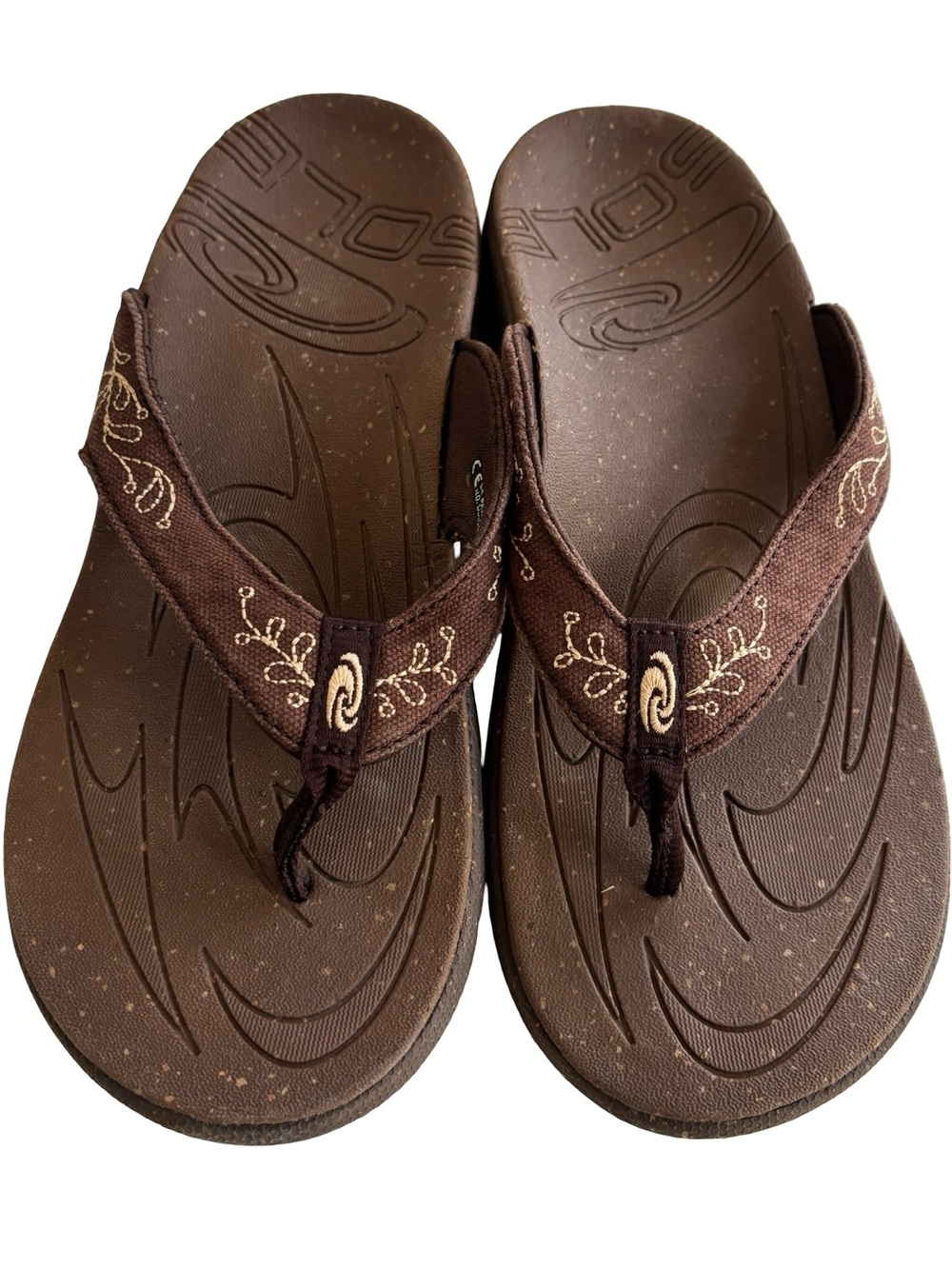 Sole Women’s Orthopedic Brown Embroidered Flip Flops Sz 8